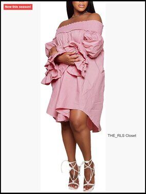 Polyester Off Shoulder A-Line Midi Dress with Flare Sleeves